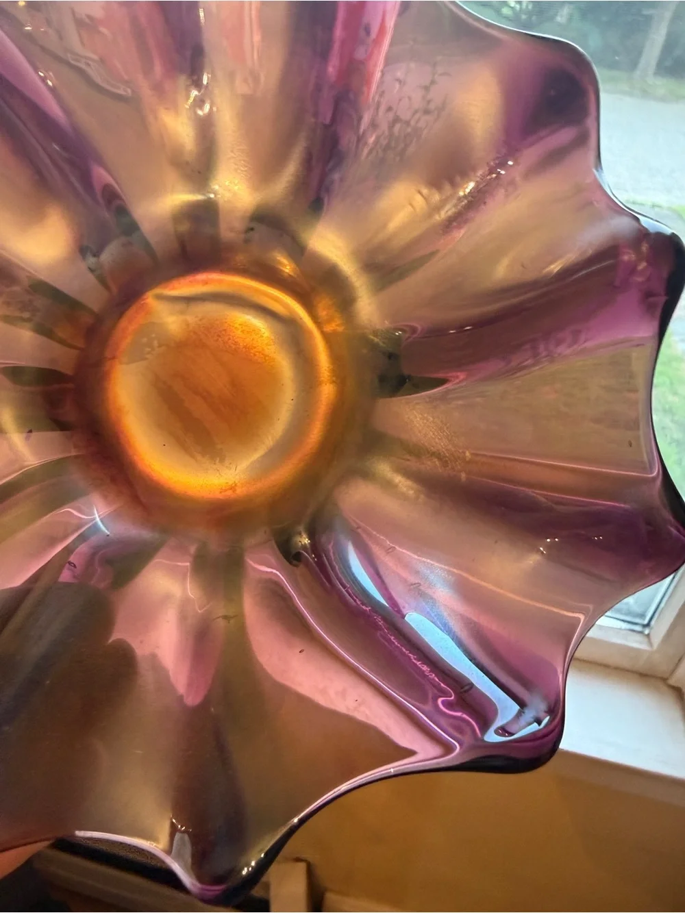 1930s Black Amethyst Carnival glass ruffled bowl 8”